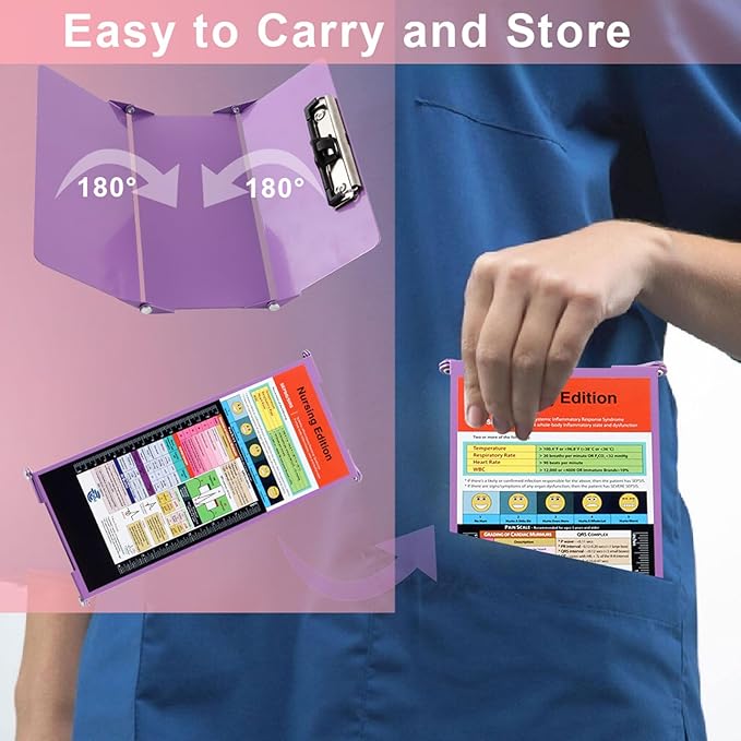 Foldable Nursing Clipboard with Storage - Portable & Compact Medical Clipboard for Nurses, Doctors, and Students - Includes Medical Reference Cheat Sheets and Pen Holder(Purple)