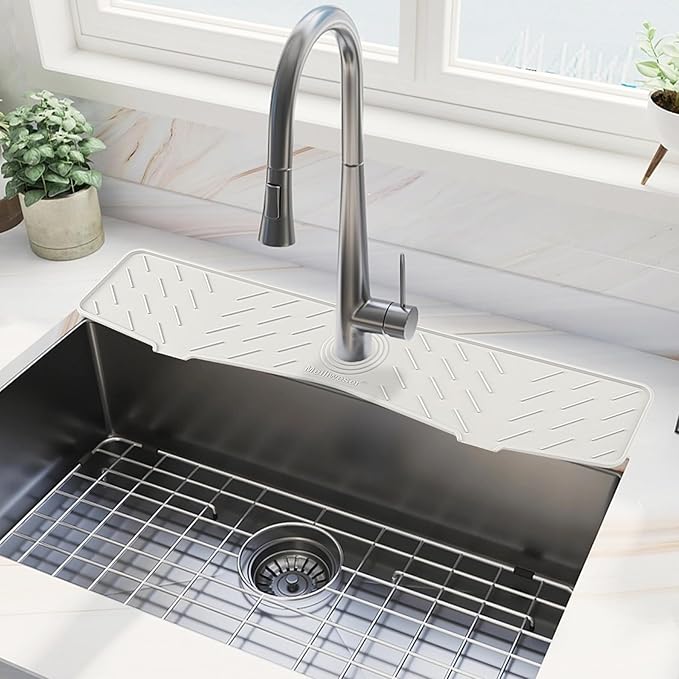 Meiliweser Faucet Mat for Kitchen Sink – 24” x 5.1” Extra-Long Silicone Splash Guard with 10° Slope & Upgraded Drainage – Gen 3 Sink Water Catcher & Sponge Holder for Kitchen, Bathroom (White)
