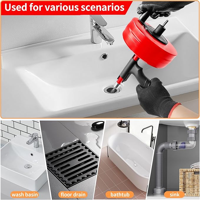 50 Ft Plumbing Snake Tools, Drain Snake with Drill Attachment, Double Mode Drain Auger for Shower, Sink, Bathrom and Kitchen, w/Gloves and Storage Bag