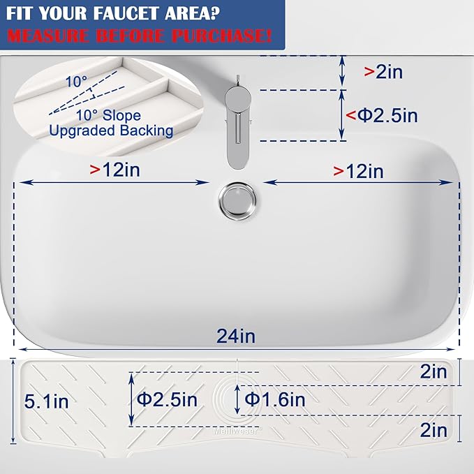 Meiliweser Faucet Mat for Kitchen Sink – 24” x 5.1” Extra-Long Silicone Splash Guard with 10° Slope & Upgraded Drainage – Gen 3 Sink Water Catcher & Sponge Holder for Kitchen, Bathroom (White)