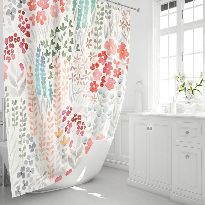 Extra Long Shower Curtain 72 x 84 Inch, Tall Cute Floral Shower Curtain for Bathroom, Retro Red Teal Wildflower Boho Cottagecore Fabric Shower Curtain Set with Hooks
