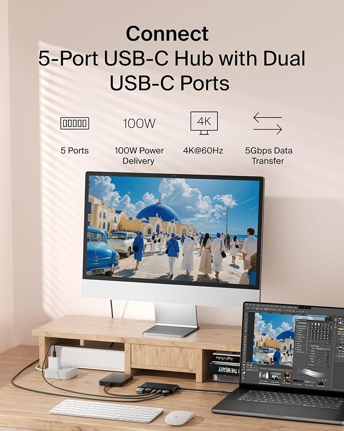 Belkin USB C Hub, 5-Port Hub w/ 4K HDMI Display @ 60Hz, 100W Power Delivery, Fast Data Transfer 5Gbps, USB C Multiport Adapter for MacBook, iPad Pro, Chromebook, & More - Upgraded HDMI 2.0