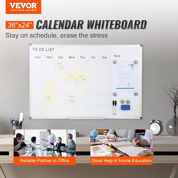 VEVOR Dry Erase Calendar for Wall, 36 x 24 Inches Whiteboard Calendar, Monthly Planner Magnetic Dry Erase Board, 1 Magnetic Erase & 2 Dry Erase Marker & Movable Tray for Restaurant Office Home School
