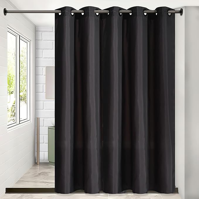 Furlinic Black Stall No Hook Shower Curtain,Heavy Duty Fabric Bathroom Curtain with 6 Plastic Built-in Hooks,Washable & Waterproof,Small Narrow,48x72 Inch