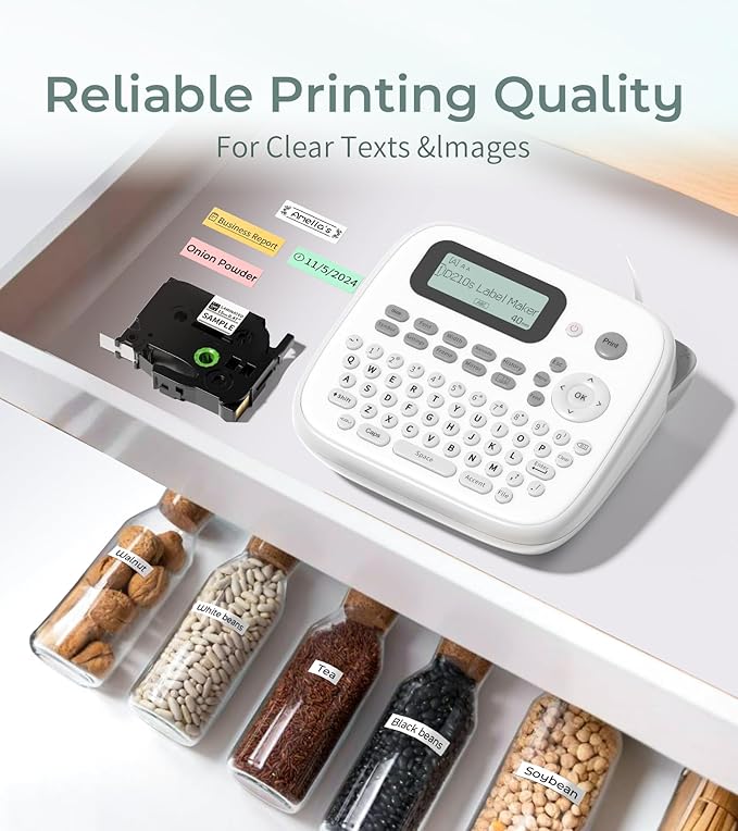 Label Maker Machine with 4 Tapes, D210s Labelmaker, Replacement for Brother Ptouch Label Maker Machine, Waterproof Removable Freezer Food-Labels for Jars/Containers/Bottle