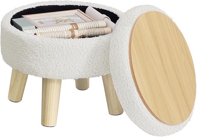 SONGMICS Storage Ottoman, Foot Stool, Round Ottoman with Padded Seat, Foot Rest with Wood Legs, Small Table, for Hallway, Living Room, 12.2 Inches, Teddy Fleece, White ULOM515WD01