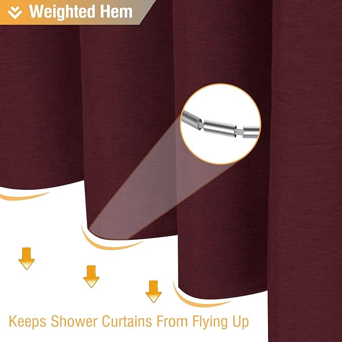 BTTN Burgundy Shower Curtain - Linen Textured Heavy Duty Waterproof Cloth Shower Curtain Set with 12 Plastic Hooks, Hotel Spa Luxury Simple Decorative Thick Fabric Shower Curtains for Bathroom - 72x72