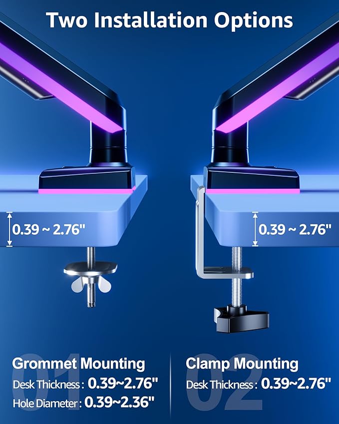 MOUNTUP RGB Single Monitor Arm Fits 32 27 24 22 inch, Holds 4.4-22lbs Screens, Monitor Stand for Desk with RGB Lights, 19 Modes, Computer Monitors Desk Mount, VESA Mount with Clamp & Grommet Bases