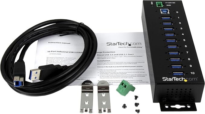StarTech.com 10-Port USB 3.0 Hub - 5Gbps - Metal Industrial USB-A Hub with ESD & Surge Protection - Din Rail, Wall or Desk Mountable - TAA Compliant USB Expander Hub (ST1030USBM)