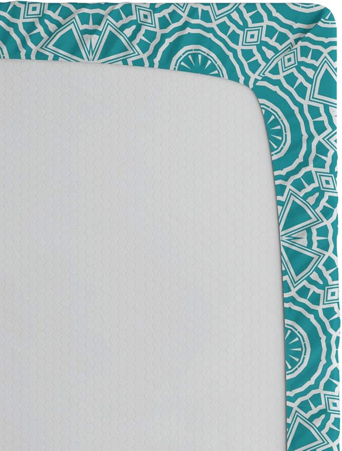 Ambesonne Boho Fitted Sheet, Continuous Abstract Pattern with Modern Mandala Effect Monochrome, Bed Cover with All-Round Elastic Deep Pocket for Comfort, Queen Size, Dark Seafoam and White