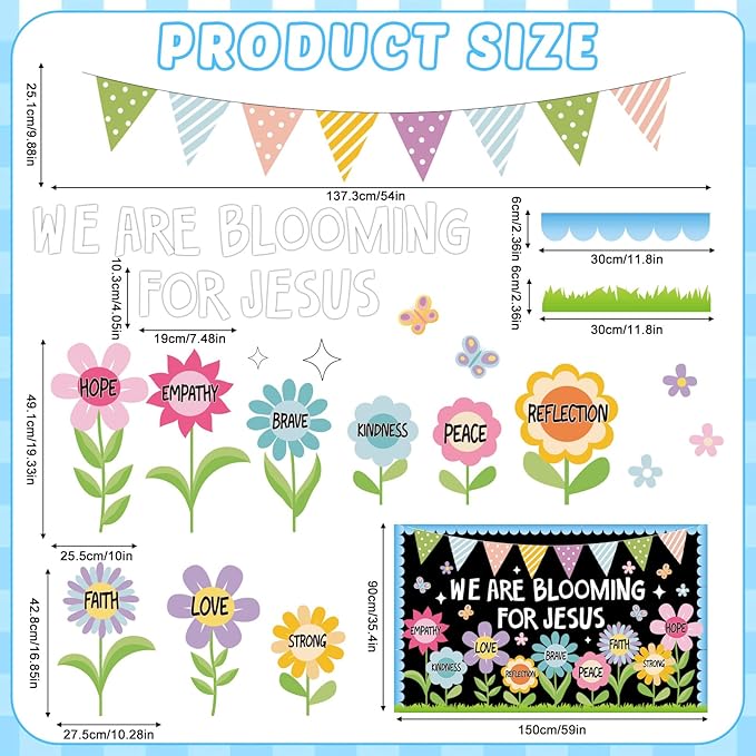 Naozinebi Spring Religious Christian Bulletin Board Sets Sunday School Decoration for Classroom Positive Floral Bulletin Board We are Blooming for Jesus Paper Cutout for Christian Church School Decor