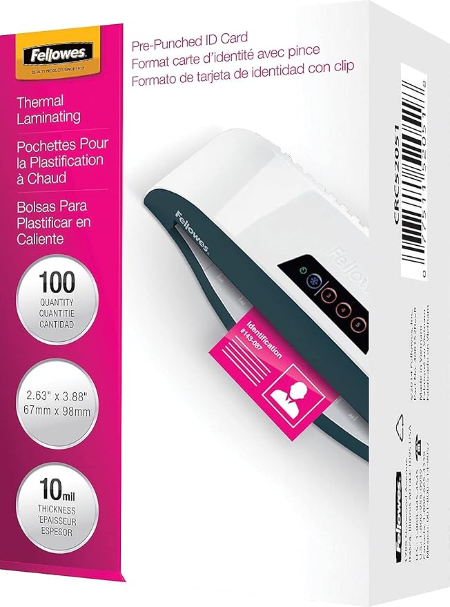 Fellowes, Hot Laminating Pouches, 10 Mil, ID Card, 100 per Pack (52051)