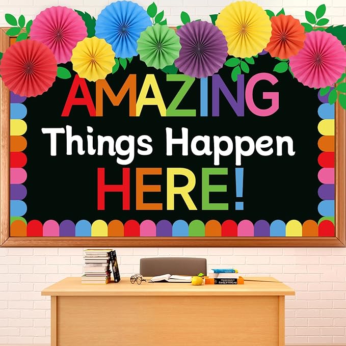 Classroom Bulletin Board Decorations with 3D Paper Fans Inspirational Amazing Things Happen Here Bulletin Board Set for Back to School Motivational Office Home Wall Door Chalkboard Decor