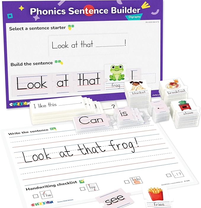 CHEFAN Sentence Building Phonics Flash Cards Kit, Sight Words & Picture Cards with Writing Board, Learn to Read Digraphs for Toddlers & PreK Kindergarten 1st Grade, Speech Therapy Educational Toys