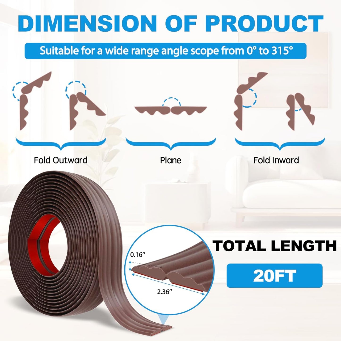 Wall Corner Protector Peel and Stick Corner Trim Molding Flexible Inside & Outside Wall Edge Guard Self Adhesive Moulding Trim for Edge Use, Brown, 2.3” W x 20’ L