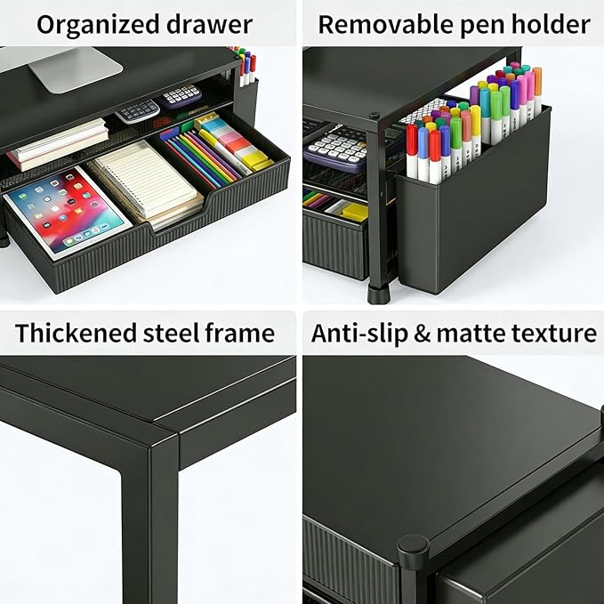 Desk Organizer and Accessories, 2-Tier Computer Monitor Stand Rise with Storage Drawer & 2 Pen Holders, Laptop & Printer Stand for Desktop, Workspace Organizers for Office Supplies (Black)