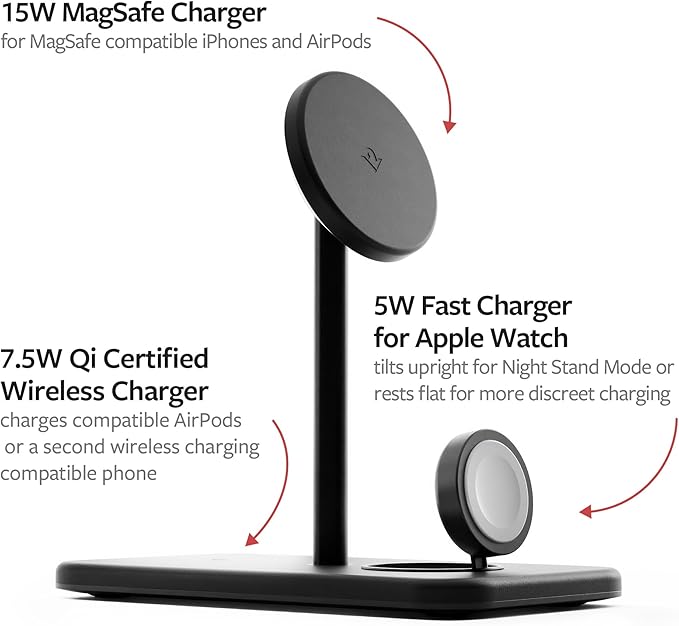 Twelve South HiRise 3 Deluxe, Compact Luxury Wireless Magsafe Charging Stand for iPhone, AirPods and Apple Watch - Includes US Power Supply with 5 Foot Cord, Plus International Plug Adapters, Black