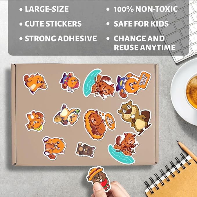 Cute Beaver Cartoon Stickers Pack 50Pcs Waterproof Vinyl Animal Decals for Laptop Water Bottles Notebooks Skateboard Luggage Scrapbooking Fun Aesthetic Gift
