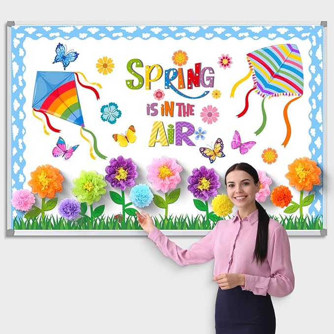 Blosssound 86 Pcs Spring is in The Air Bulletin Board Set Spring Flower Kite Cutouts with 3D Tissue Paper Pompoms Colorful Floral Butterfly Classroom Decorations for School Home Decor Supplies