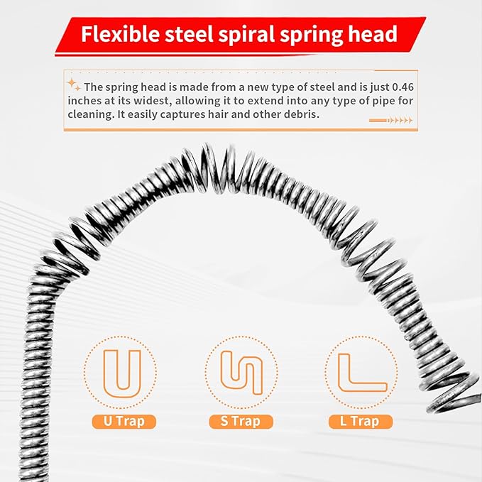 50 Ft Plumbing Snake Tools, Drain Snake with Drill Attachment, Double Mode Drain Auger for Shower, Sink, Bathrom and Kitchen, w/Gloves and Storage Bag