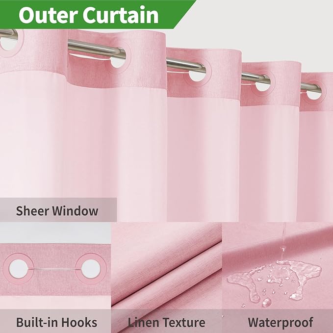 No Hooks Needed Linen Textured Shower Curtain with Snap-in Fabric Liner Set,Hotel Luxury Decor Shower Curtains for Bathroom with Mesh Top Window,Waterproof & Washable,71Wx74H,Pink