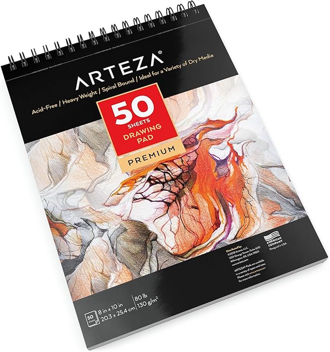 ARTEZA Drawing Paper Pad, 8 x 10 Inches, Pack of 1, 50 Sheets, Spiral Bound Artist Drawing Books, Durable Acid Free White Sketch Paper
