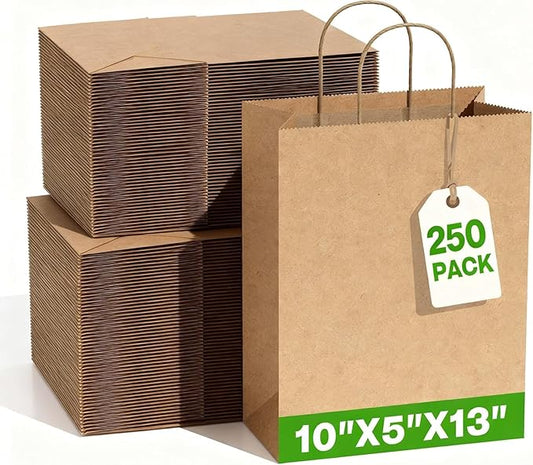 Simple Deluxe 250 Pack Kraft Paper Bags with Handles 10x5x13 - Made in USA -15 Lb Max Load - 100% Recycled Natural Brown Shopping Bags for Retail, Gifts & Merchandise (Premium 90GSM)