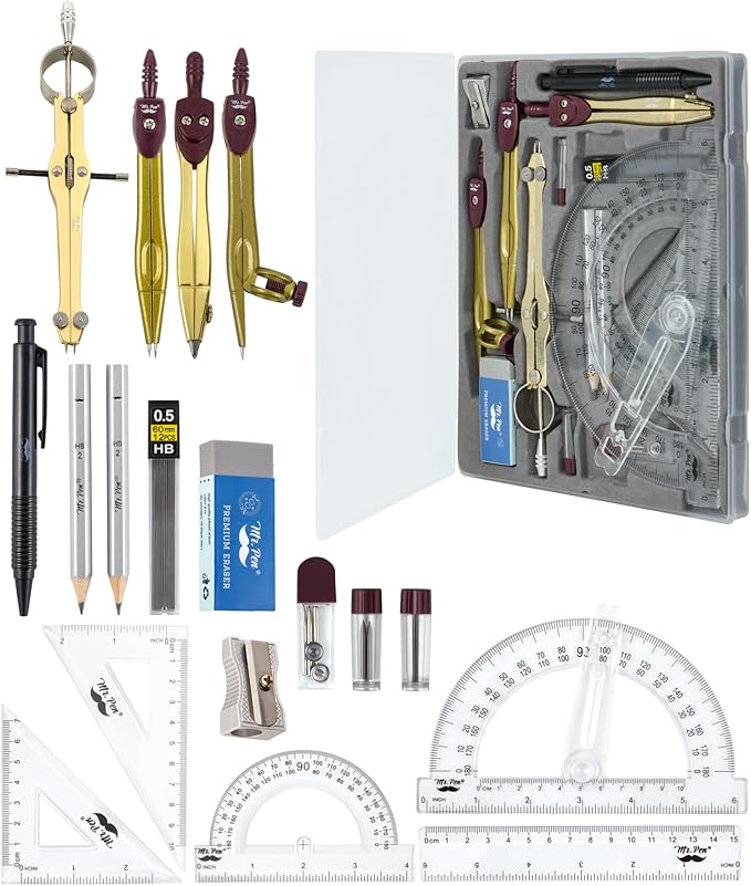 Mr. Pen- Geometry Set, 15 pcs, Gold, 6 Inch Swing Arm Protractor, Divider, Set Squares, Ruler, Compasses and Protractor