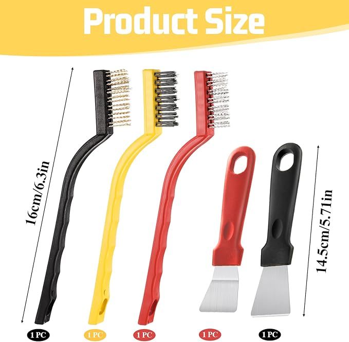 5 Pack Kitchen Stove Cleaning Brush + Scraper Tool Set, Stainless Steel and Nylon Brush Head Brushes Heavy Duty Scraper for Gas Burners Cooktop Pan Brass Kitchen, Bathroom, Range Hood Grease Grime