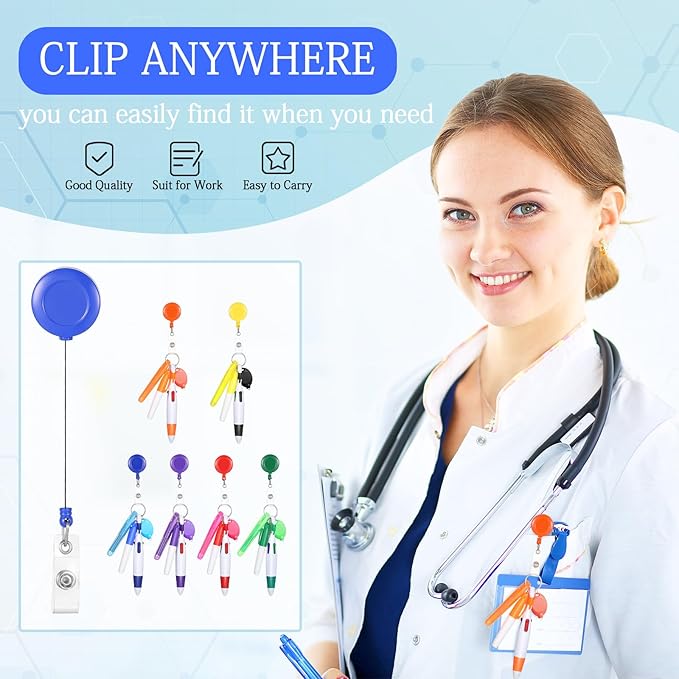 Chinco 30 Pcs Retractable Shuttle Pen Clip with Mini Highlighter Nurse Badge Pen Neon Marker LED Keychain Ring Clip