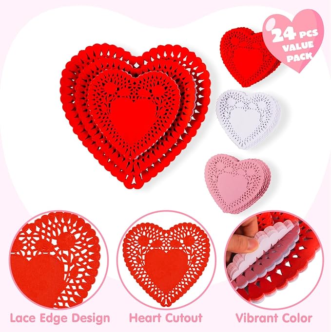 JOYIN 204 PCS Valentines Day Heart Doilies, Tableware Decoration, Home Activitie, Kitchen Disposable Table Doilies, Red White Pink Heart Crafts
