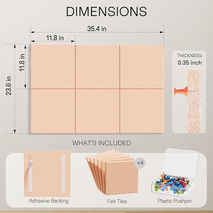 MaxGear Large Cork Board for Wall 36" x 24", Peach Beige Bulletin Board, 6 Pack Felt Wall Tiles with Pushpins, Cork Boards for Office Push Pin Board Tack Board Felt Board