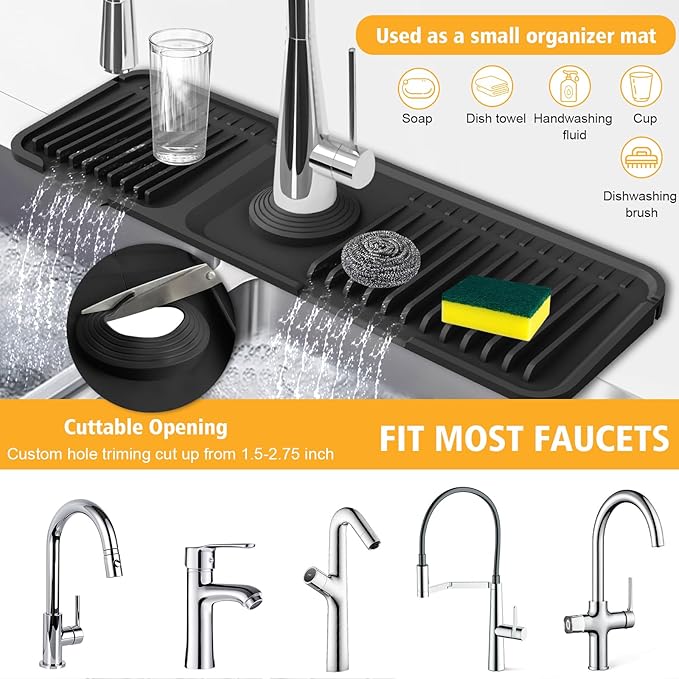 17.7-Inch Kitchen Sink Splash Guard Mat | 7° Slope for Fast Self-Draining | Snap-Lock Design | Universal & Cuttable Silicone