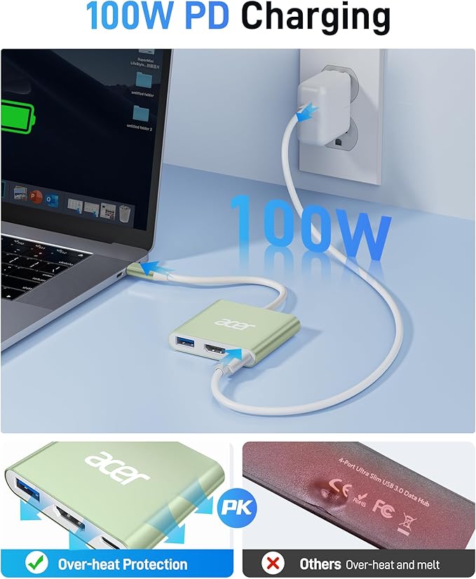 Acer USB C to HDMI Adapter, 4K USB C Hub with 100W PD, USBA 3.0 Port, HDMI to USBC Multiport Digital AV Converter for MacBook Pro/Air, iPad, Tablets, TV, Monitor and More (Green)
