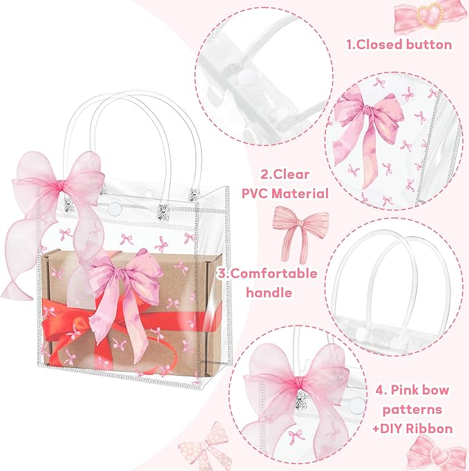 H1vojoxo Pink Bow Gift Bags - 24PCS Clear PVC Gift Bags with Handles DIY Ribbon Coquette Bow knot Reusable Transparent Tote Bag for Girls Birthday Baby Shower Weeding Bridal Engagement Party