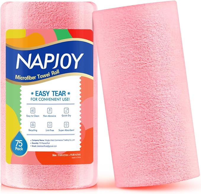 Napjoy Microfiber Cleaning Cloth Roll, 75PK Easy Tear Away Reusable Paper Towels, 12" x 12", Lint-Free and Scratch-Free with Patented Fiber Technology Microfiber Towel Roll, Pink