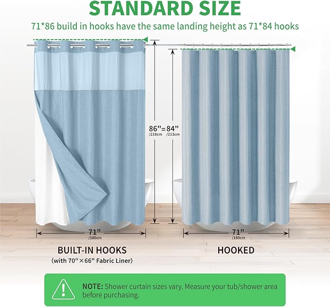 Extra Long No Hooks Needed Linen Textured Shower Curtain with Snap-in Fabric Liner Set,White Hotel Luxury Decor Shower Curtains for Bathroom,Waterproof & Washable,71Wx86H,Fog Blue