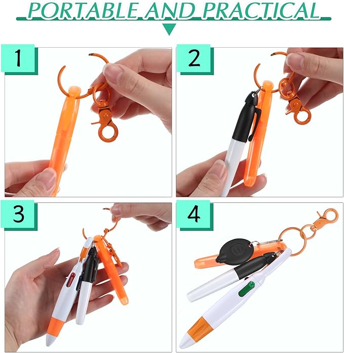 Chinco 30 Pcs Retractable Shuttle Pen Clip with Mini Highlighter Nurse Badge Pen Neon Marker LED Keychain Ring Clip