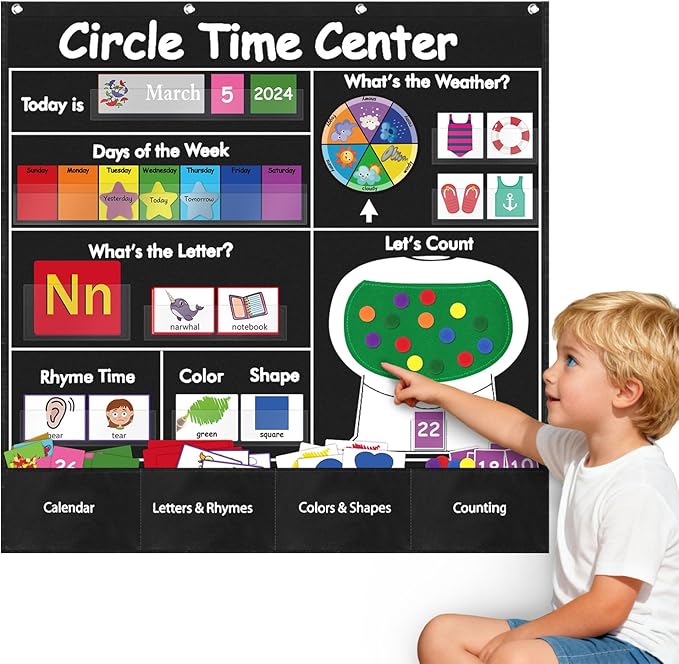 Circle Time Learning Center Pocket Chart, Calendar for Classroom, Educational Pocket Chart Learning Calendar Weather Letter Counting Rhyme Color Shape(Black)