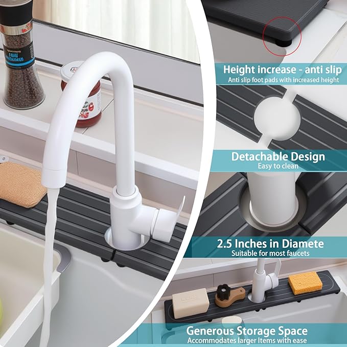 Fast Drying Stone Faucet Mat for Kitchen Sink with Raised Feet, Water Absorbent Diatomite Stone Sink Tray, Faucet Sink Splash Guard, Prevents Moisture Buildup, Durable Protector for Bathroom Counter