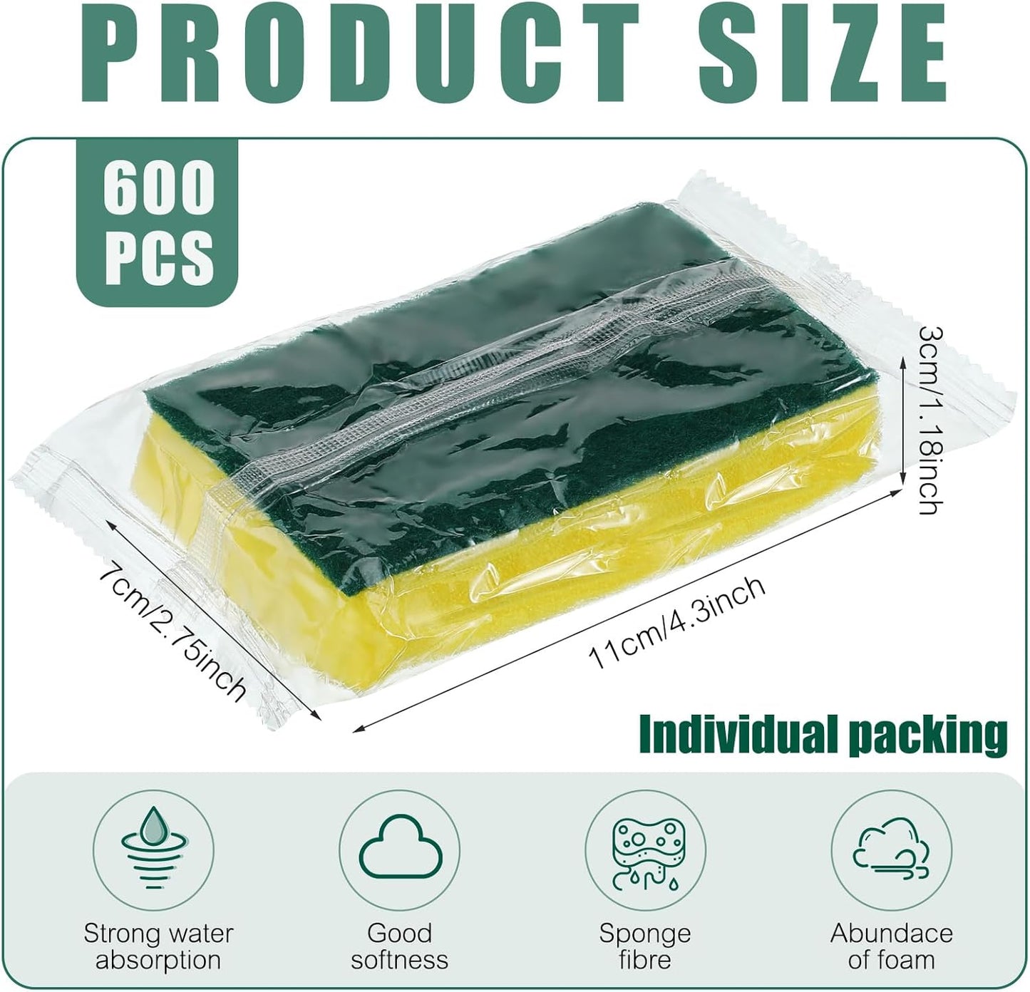 Tanlade 600 Pcs Individually Wrapped Dishwashing Sponge Bulk Non Scratch Scrub Sponges Kitchen Scouring Pad for Household Cleaning Rental Dishes Hotel Apartment Car (Yellow, Green)