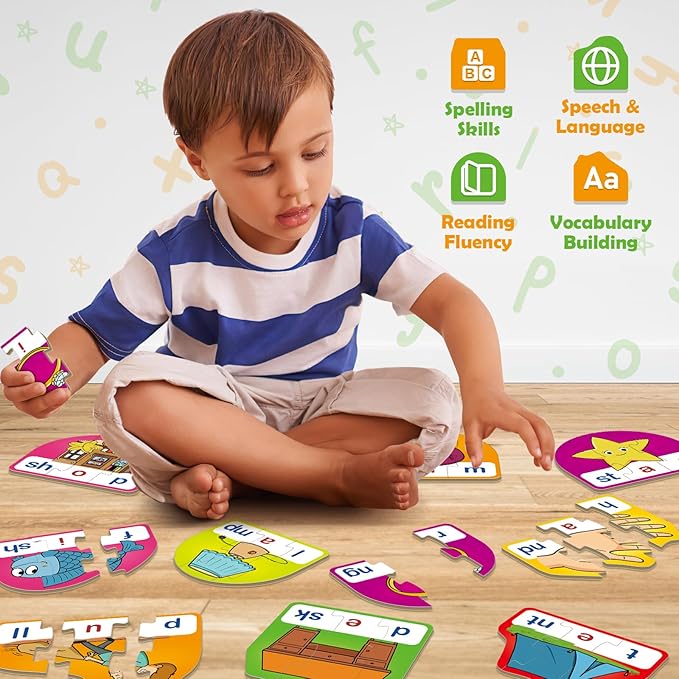 CVCC & CCVC Puzzle Cards for Kids,Phonics Games,Speech Therapy Toys for Toddlers,3 Alphabet Letter Word Puzzle,Learning Reading Spelling Games,Preschool Kindergarten Classroom Must Haves