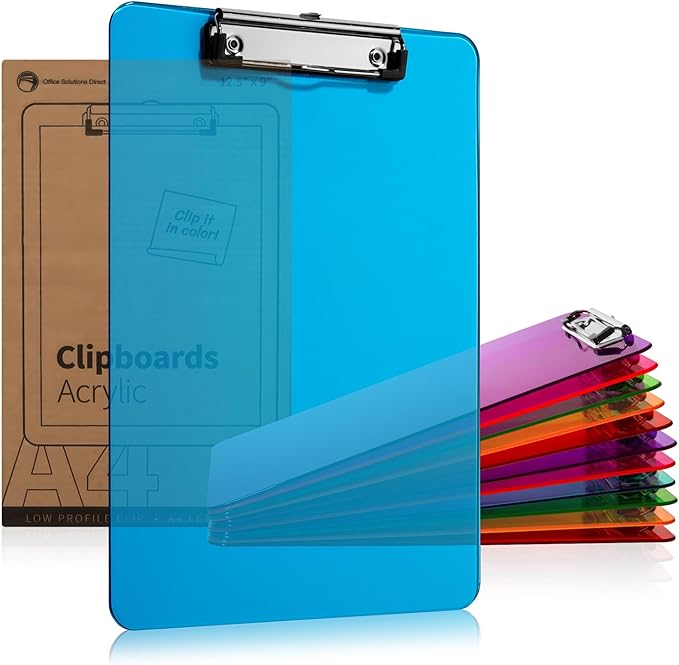 Plastic Clipboards with Low Profile Clip Set of 6-12.5 x 9 Inch Multi Color Plastic Clipboards Bulk - Clear Clip Boards Bulk Classroom - Holds 100 Sheets, Acrylic Clipboard Clear (12 Pack)