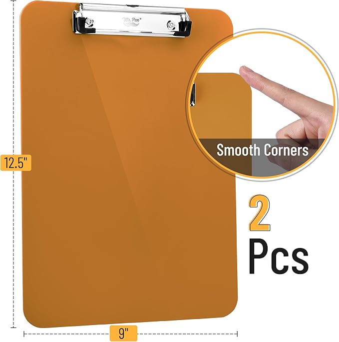 Mr. Pen- Plastic Clipboard, 12.5" x 9", 2 Pack, Golden Caramel Clipboard Plastic, Low-Profile Metal Clip with Retractable Hanging Hole