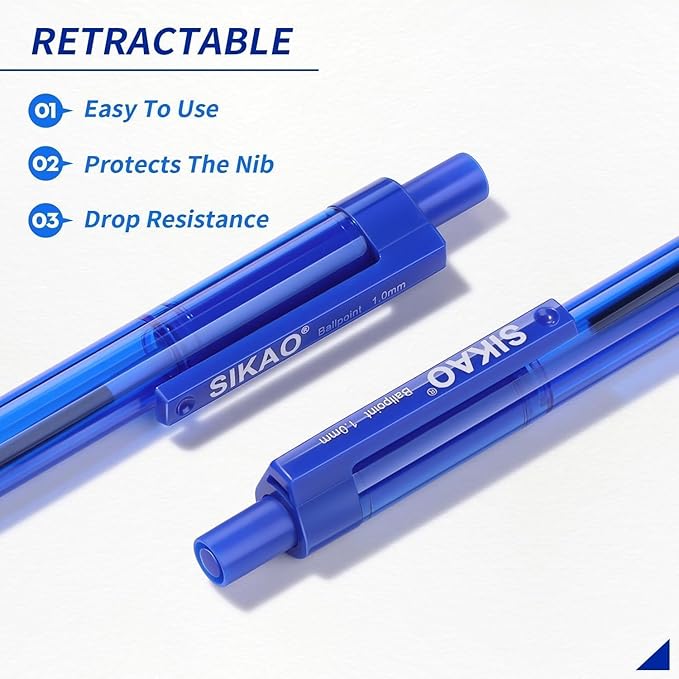 Blue Pens Bulk, 60 Pack Retractable Ballpoint Pens, Blue Ink 1.0mm Medium Point Smooth Writing No-Smear, Multipack Click Pens for Teachers, Students, Servers, School & Office Supplies