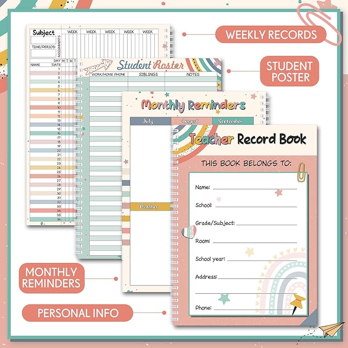 Teacher Record Book Teacher Grade Book 2026-2027 Spiral Bound Boho Heart Dot Record Class Planner 2026 Gradebook Office Favors for Classroom Attendance Supplies Double Sided Printing