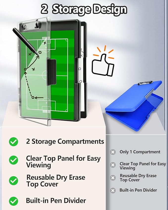 Clearview Clipboard with 2 Storage, Dry Erase 8.5x11 Heavy Duty ClipBoards - High Capacity Coaches Clip Board with Pen Holder - Side Opening Plastic Nursing Clip Case - Black