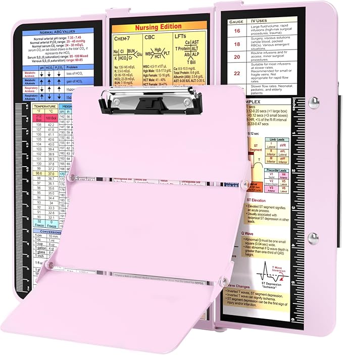 Nursing Clipboard Foldable, Foldable Clip Board w/Nursing Edition Medical Charts,3 Layers Aluminum, Nurse Note w/Low Profile Clip&Pen Clip for Students, Nurses and Doctors, Baby Pink