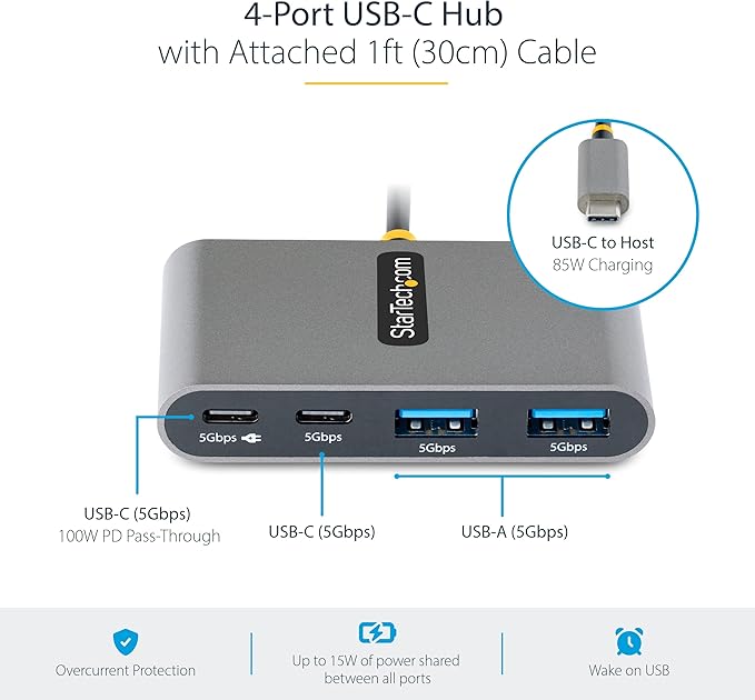 StarTech.com 4-Port USB-C Hub with 100W Power Delivery Pass-Through - 2X USB-A + 2X USB-C - 5Gbps - 1ft (30cm) Long Cable - Portable USB Type-C to USB-A/C Hub - USB-C Splitter (5G2A2CPDB-USB-C-HUB)