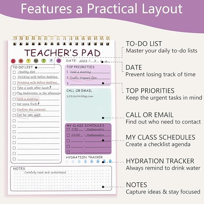 Teacher To Do List Notepad, 8.3x5.8 Inch Teacher Notepad, Spiral Checklist Notebook for Class Schedules, Daily Planner, School Tasks and Goal Setting (Purple)